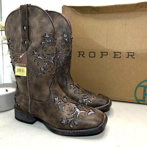Roper Western Kennedy Glitter Boots Square Toe Brown Silver Women's US 6 NWB